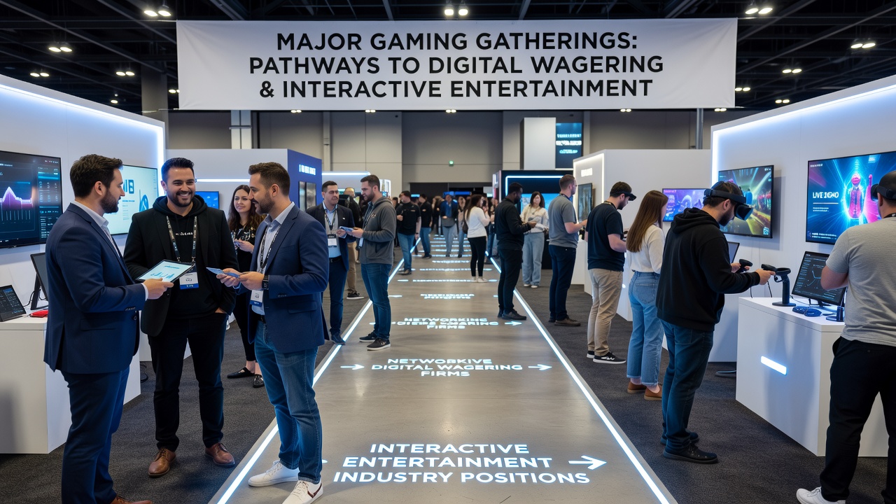 Attendees networking at a major gaming industry event with booths and discussion areas