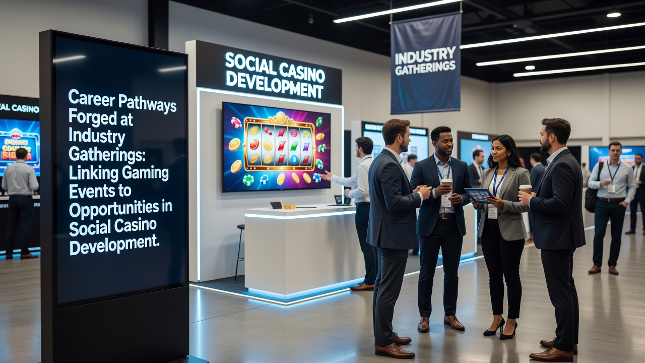 Professionals networking at a gaming industry convention with booths showcasing social casino technologies