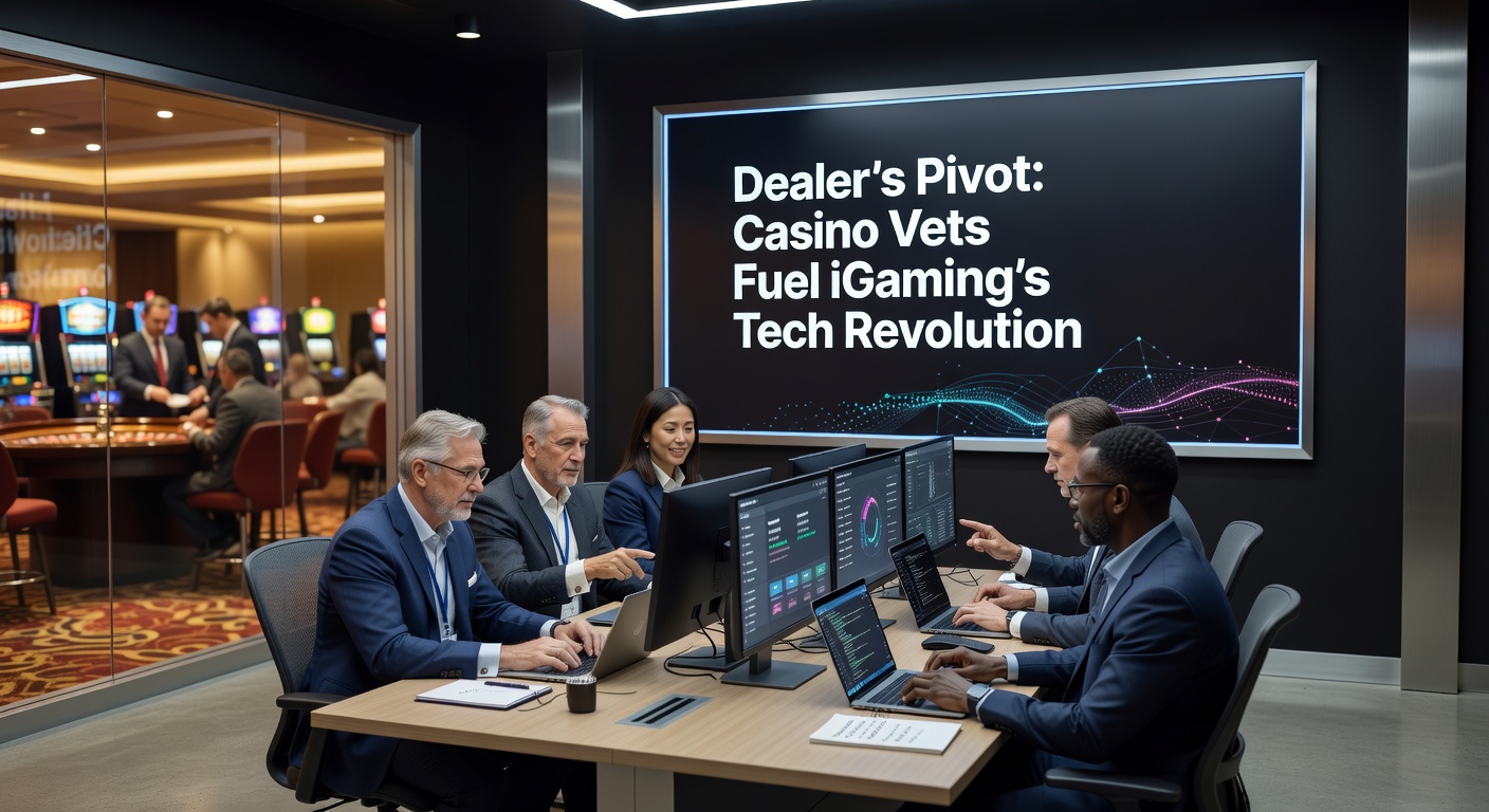 A former casino dealer at a computer workstation, coding iGaming software amid neon-lit casino vibes blended with digital screens