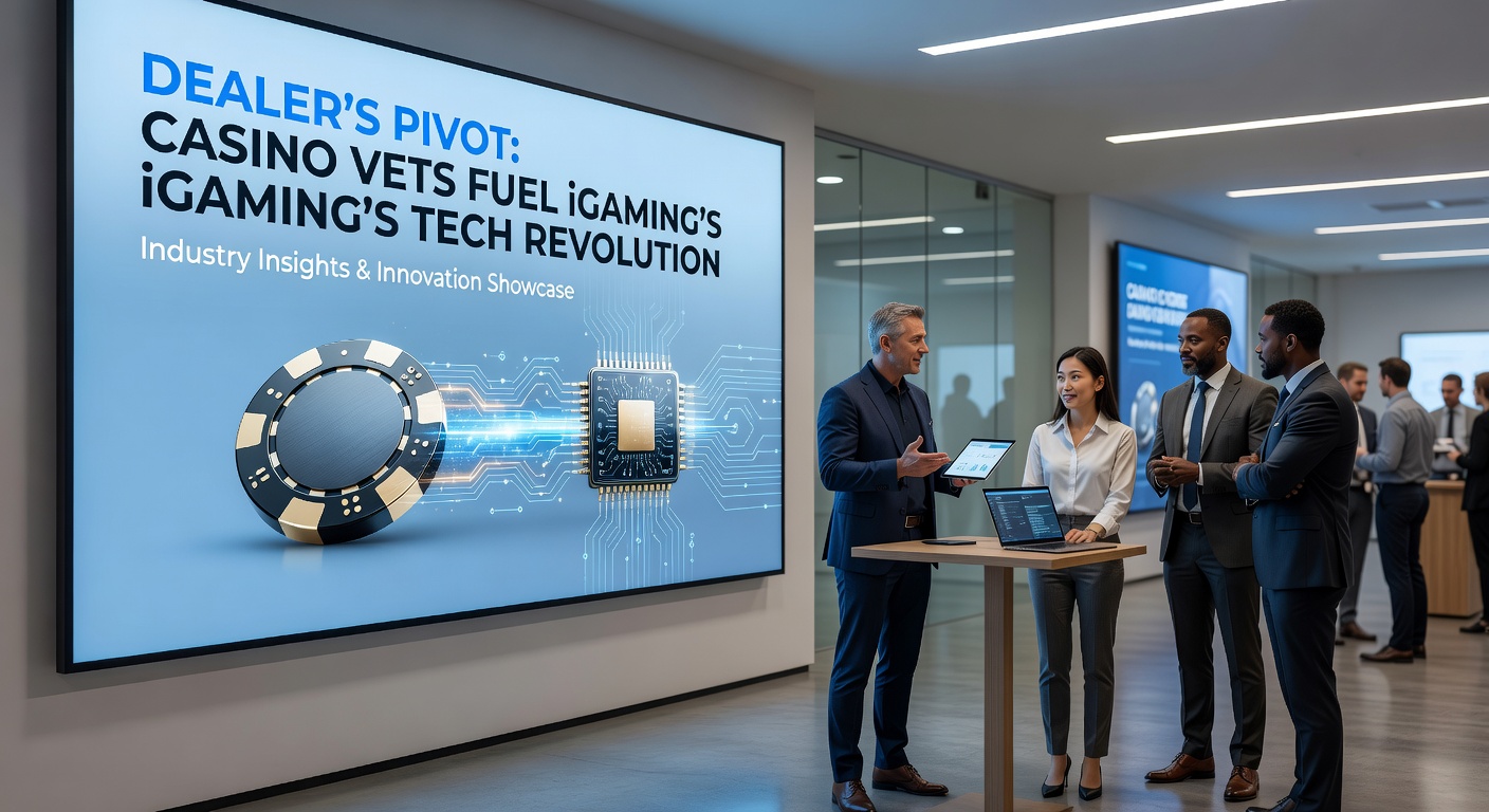 Group of casino veterans in a modern iGaming office, collaborating on screens showing live dealer interfaces and data analytics dashboards
