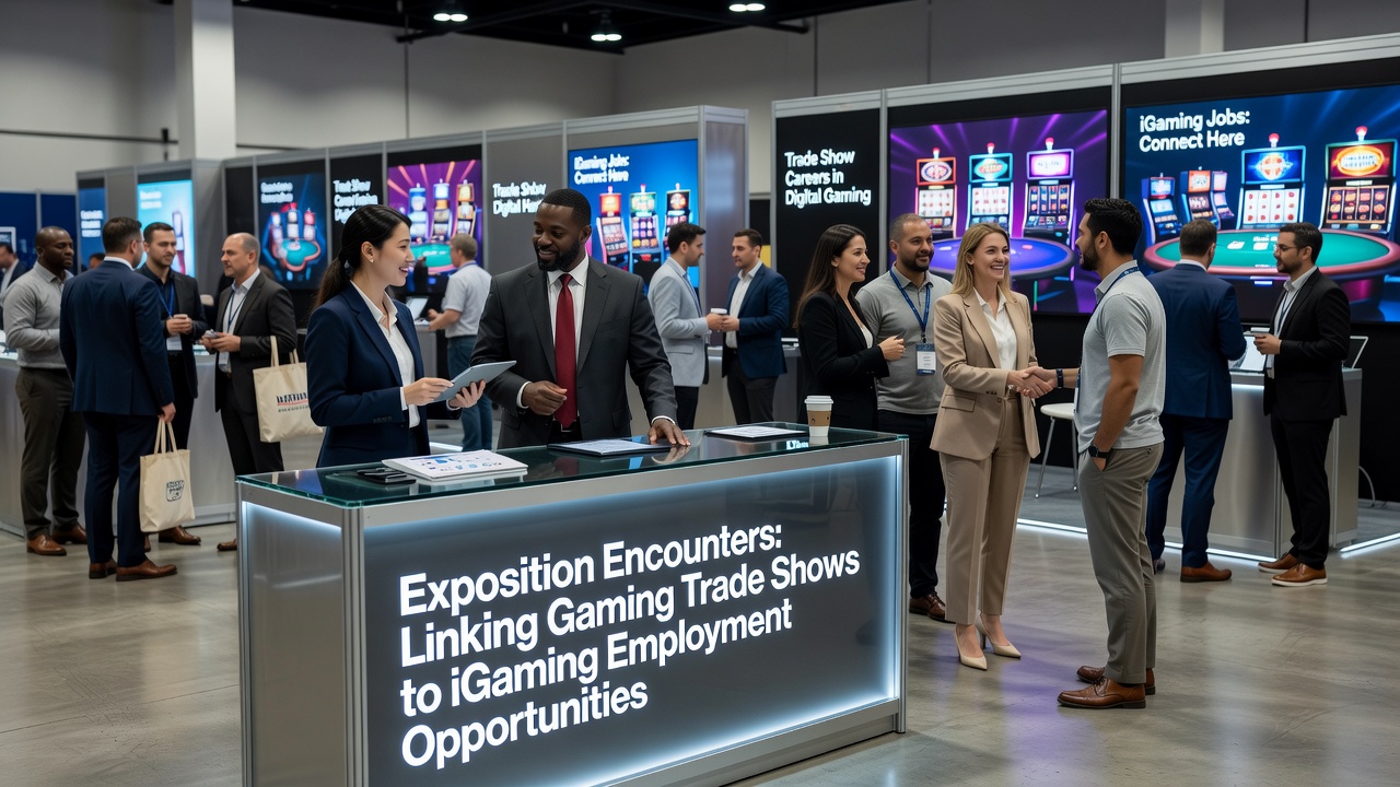 Professionals discussing career opportunities at an iGaming booth during a trade show