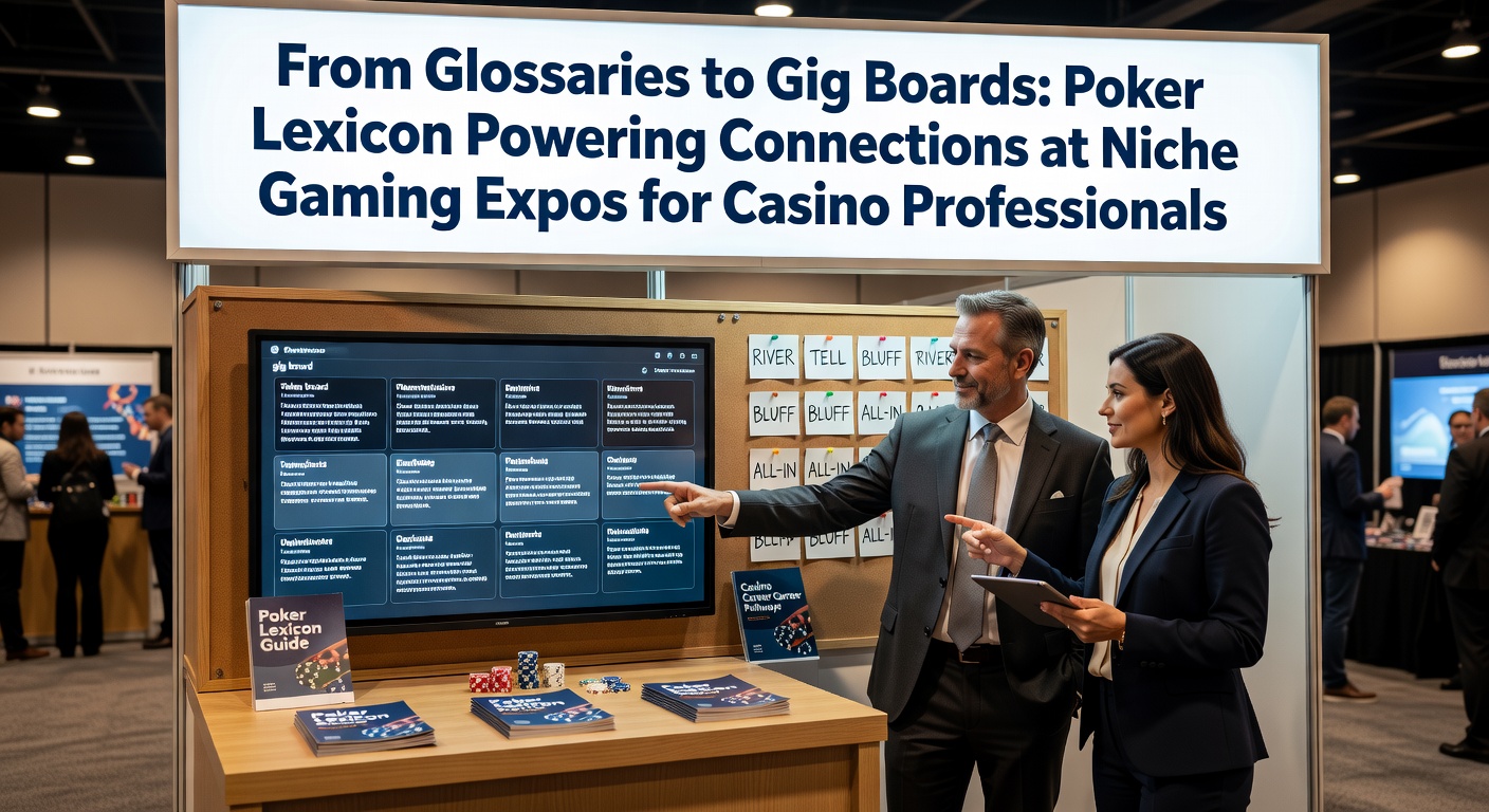 Casino professionals discussing poker terminology at a niche gaming expo booth