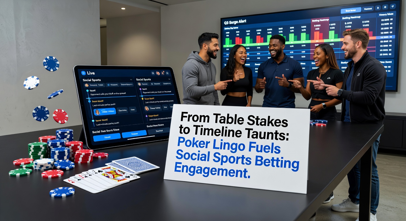 Group of friends on mobile devices sharing sports betting taunts with poker slang overlays
