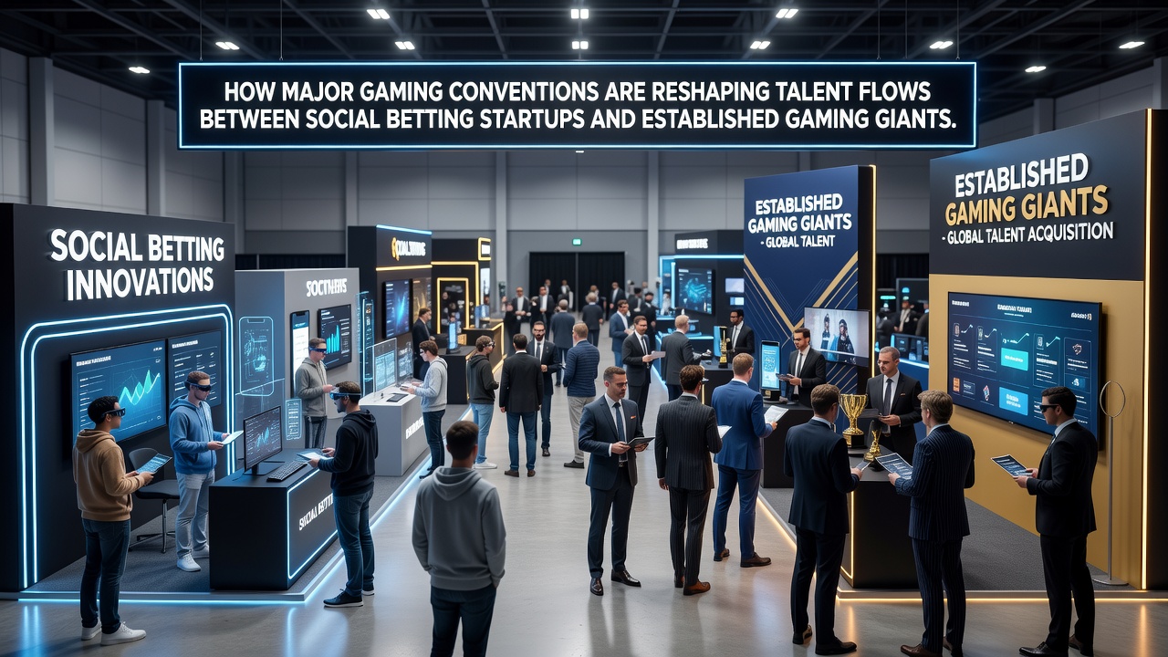 Professionals exchanging contact information at a gaming industry convention booth
