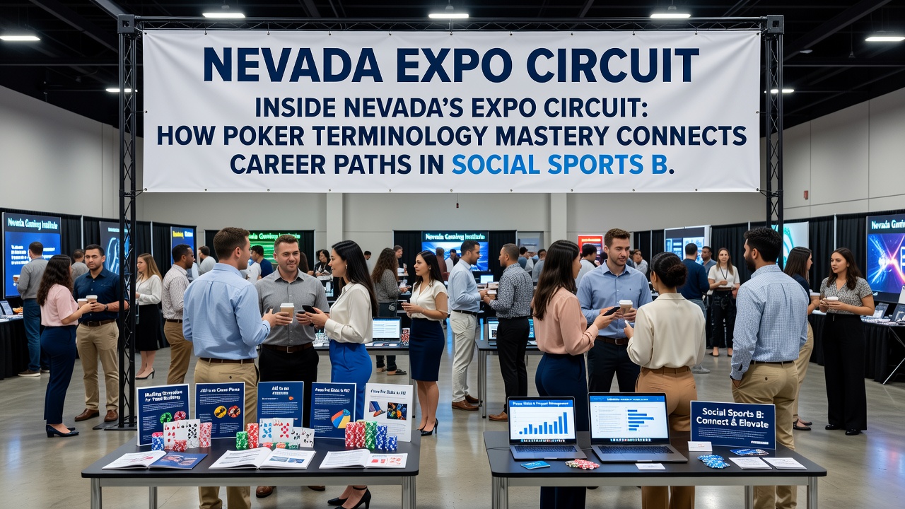 Professionals reviewing poker terminology flashcards during a Nevada expo networking break
