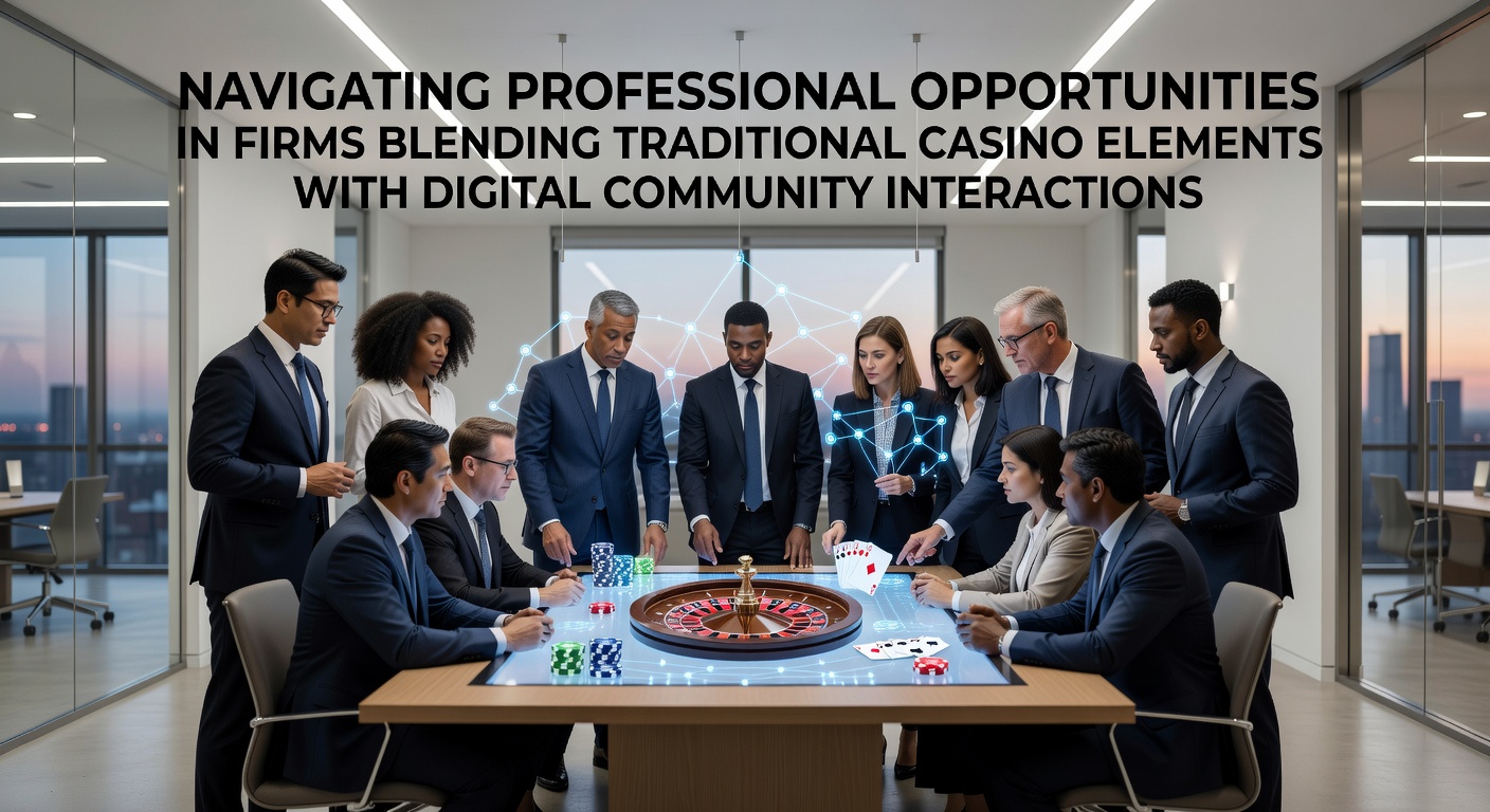 Professionals collaborating in a modern office blending casino design elements with digital community interfaces
