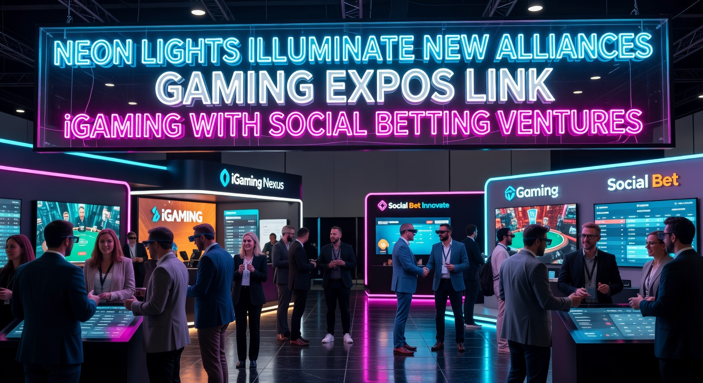 Vibrant neon-lit gaming expo booth showcasing iGaming displays alongside social betting app demos, crowds networking under colorful lights