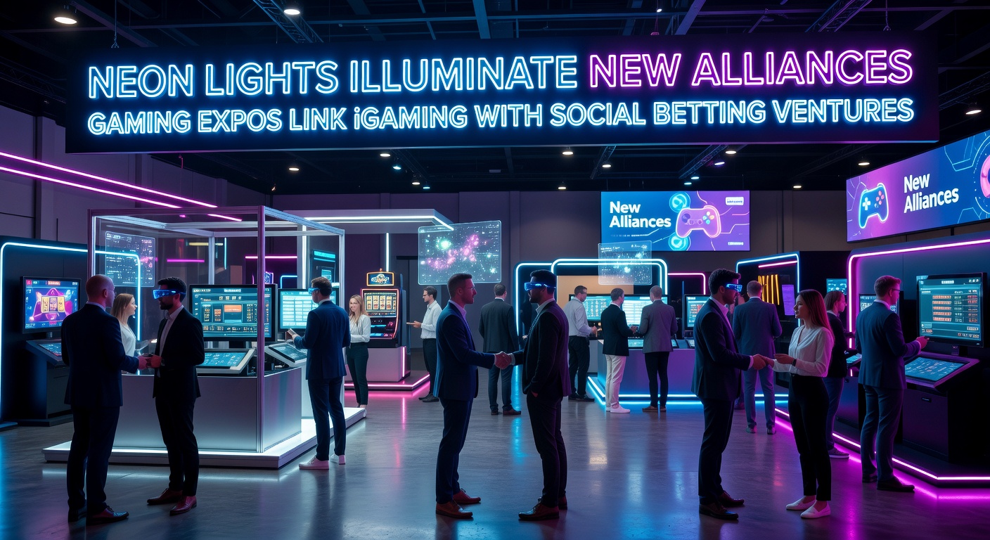 Dynamic expo scene with executives shaking hands near social betting kiosks illuminated by neon signs, iGaming screens glowing in the background