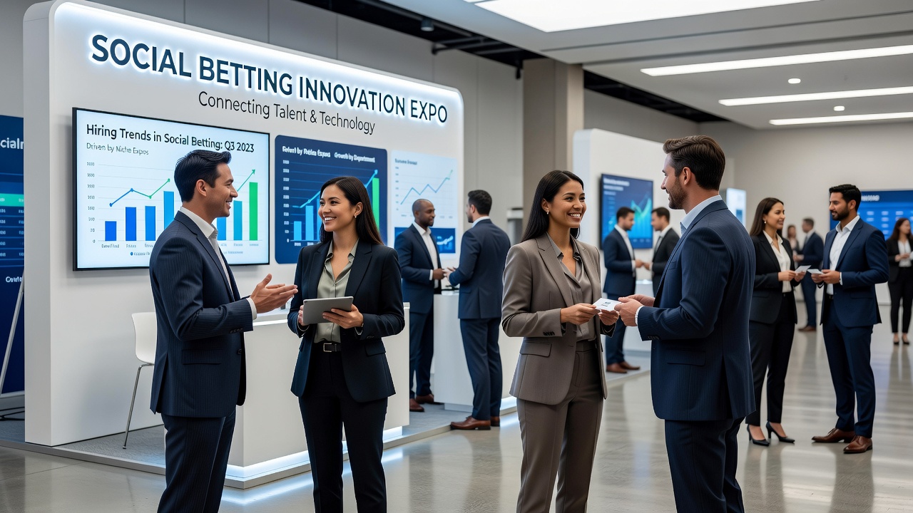 Professionals discussing hiring trends at a social betting expo