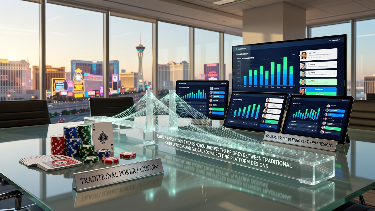 Nevada regulatory documents alongside social betting app interfaces showing integrated poker terminology
