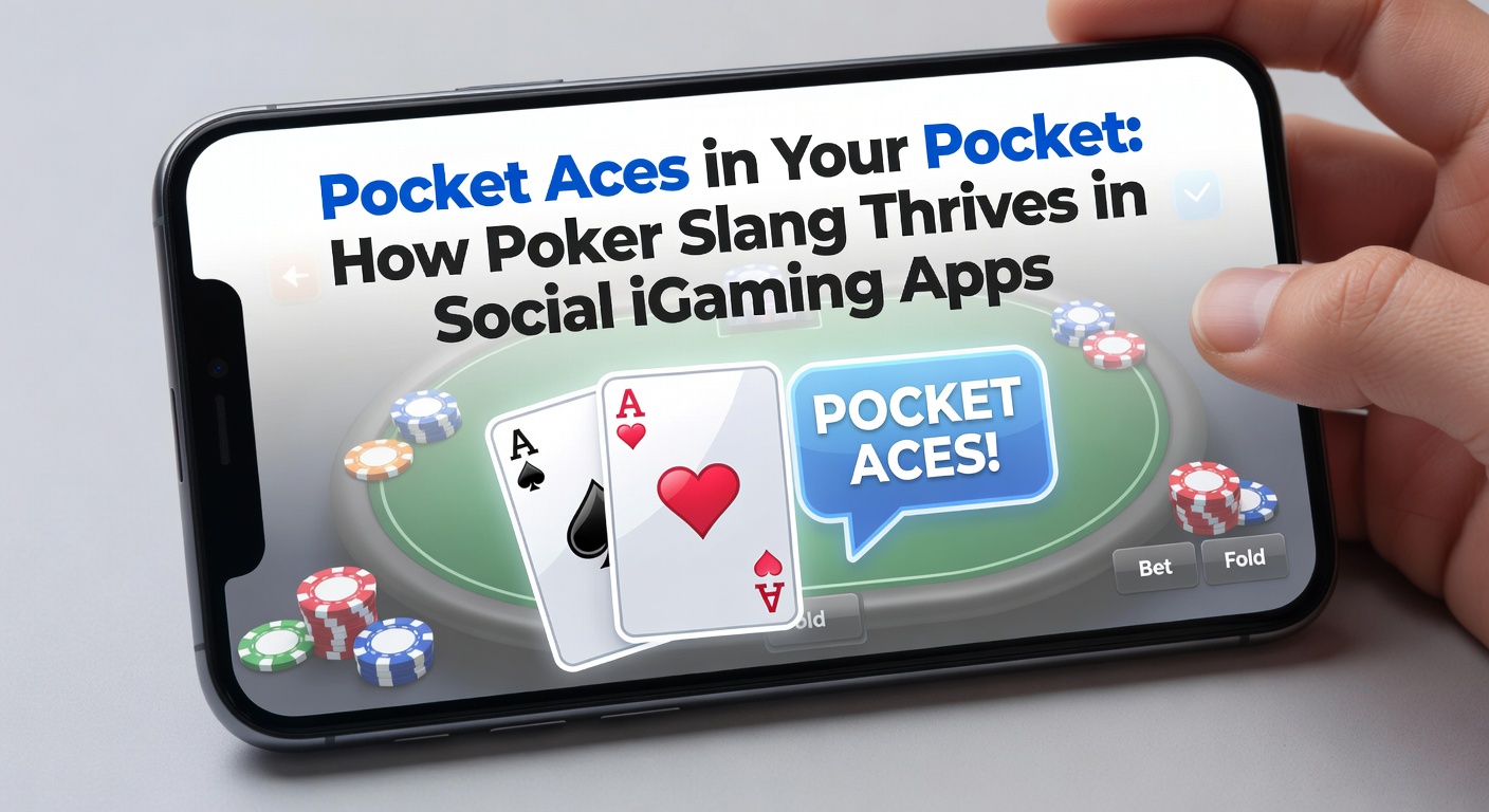 Players exchanging poker slang in a lively social iGaming app chat room, with virtual cards and chips flying across the screen