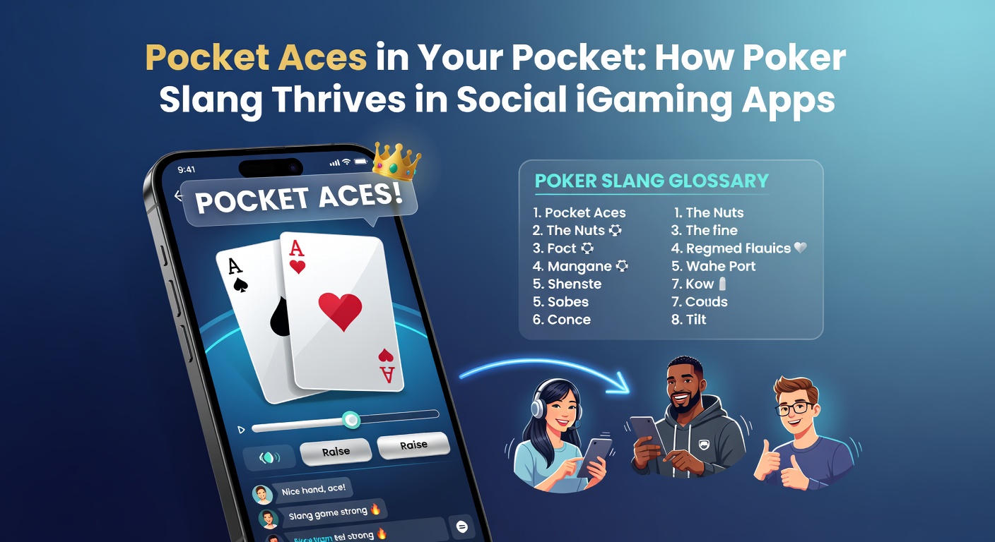 Close-up of a mobile screen showing a social poker app interface crowded with chat bubbles full of terms like 'bluff' and 'slow play', surrounded by animated avatars
