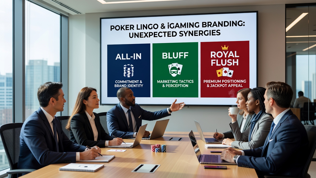 Digital marketing team reviewing poker-themed campaign materials on multiple screens