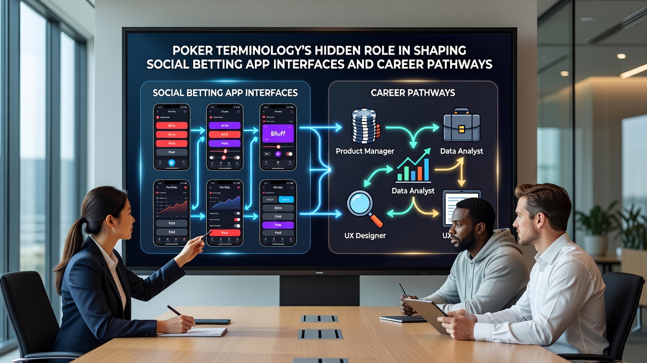 Illustration showing poker terms integrated into social betting app interfaces and career pathways