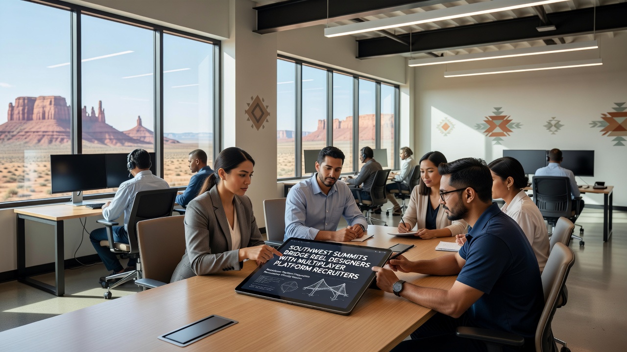Recruiters reviewing design portfolios with reel specialists during a networking session