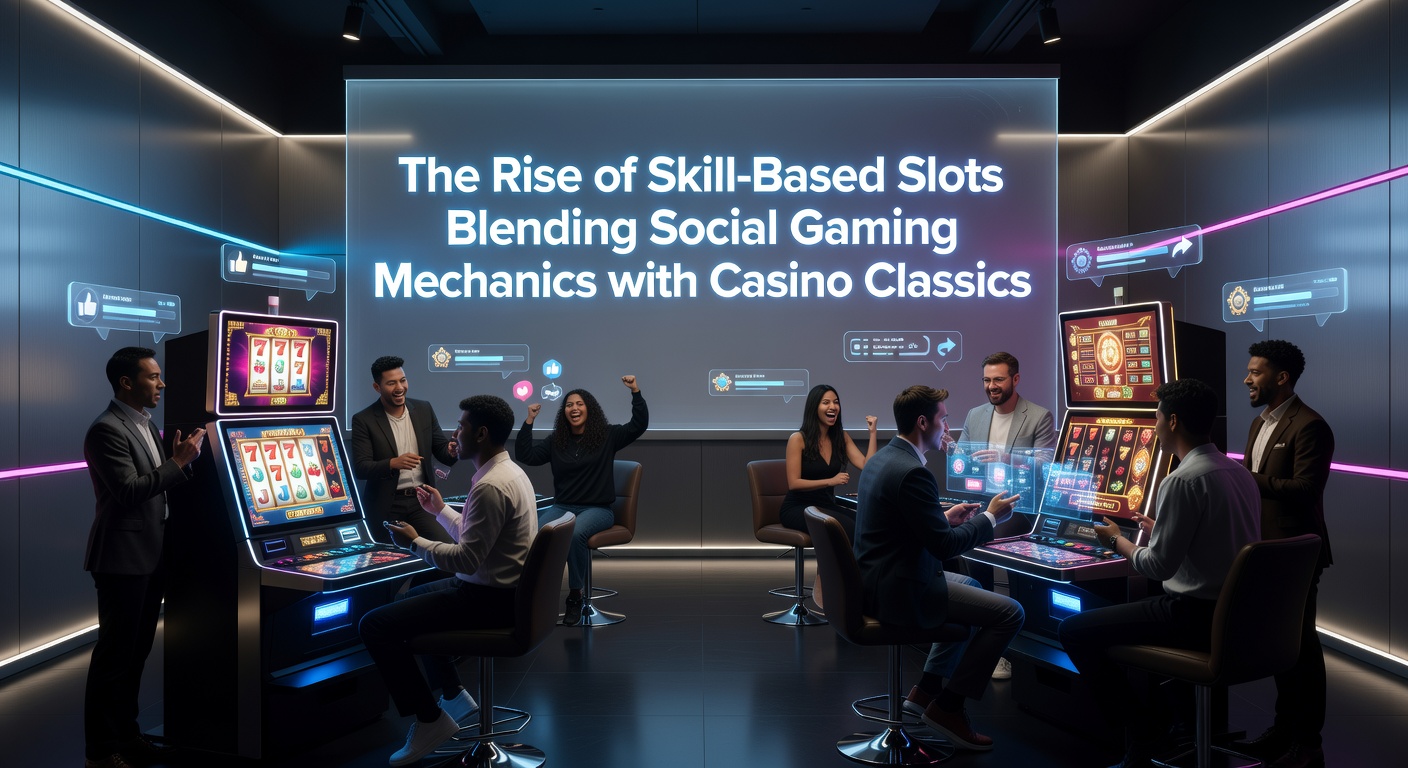 Vibrant skill-based slot game interface showing bonus rounds with player choices, leaderboards, and social sharing icons amid spinning reels