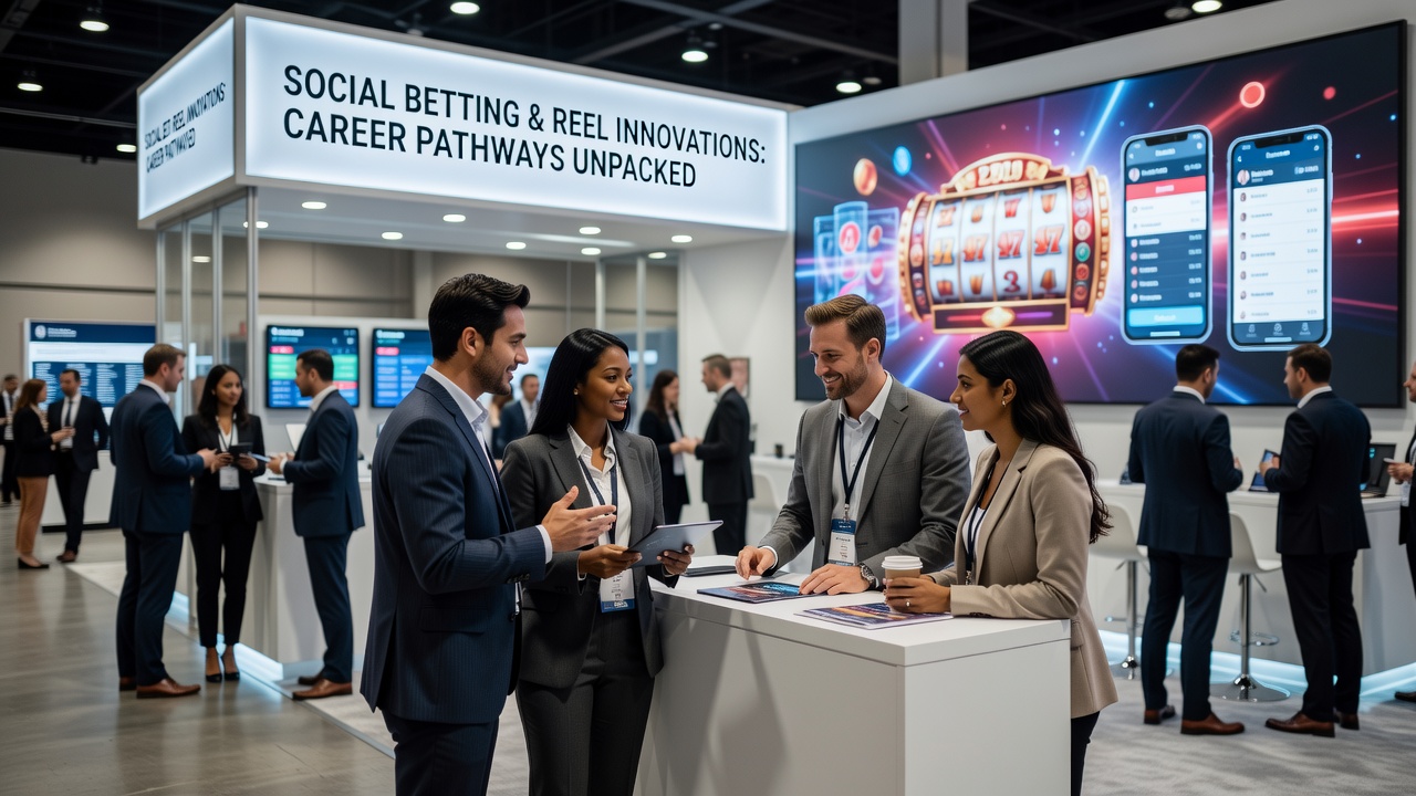 Professionals networking at a gaming trade show booth with digital displays showing social betting interfaces and reel game prototypes